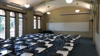 The second-floor classroom at Maxfield Hall, with its vaulted ceiling restored.