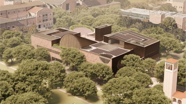 An architectural rendering of Adjaye Associates’ winning proposal for a student center to replace Rice Memorial Center. (Credit: Adjaye Associates)