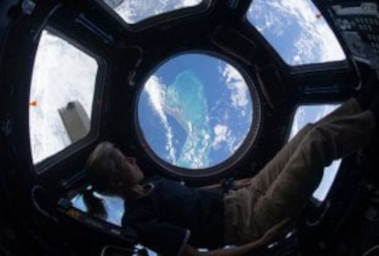 Astronaut Shannon Walker '87 looking out of the international space station's cupola on November 25, 2010.