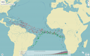 A timelapse feature combines the trans-Atlantic and intra-American databases to display 350 years' worth of slave voyages carrying captive Africans from points of embarcation to disembarcation.