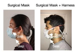 Researchers from Rice and MD Anderson Cancer Center have begun testing prototypes of a silicone rubber harness that will fit over a surgical mask and seal it to the face. (Image courtesy of J. Robinson/Rice University)