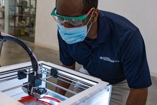 A project begun by Fred Higgs, faculty director of the Rice Center for Engineering Leadership, could wind up producing hundreds of thousands of face shields. (Photo by Jeff Fitlow/Rice University)
