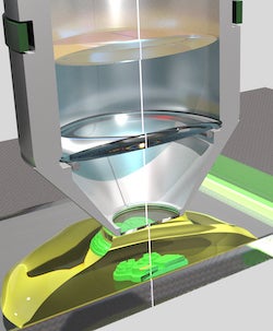A cutaway schematic shows the two-photon enabled printing process for silica structures with sub-200 nanometer resolution. Materials scientists at Rice University say the technique could make it practical to print micro-scale electronic, mechanical and photonic devices. (Credit: Illustration by Boyu Zhang/Rice University)