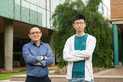 Rice University materials scientist Jun Lou, left, and graduate student Boyu Zhang were part of the team that printed 3D lattices of glass and crystal with sub-200 nanometer resolution. (Credit: Jeff Fitlow/Rice University)