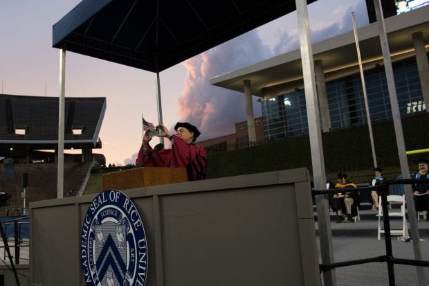 Rice President David Leebron captured the moment on his phone. (Photo by Jeff Fitlow)