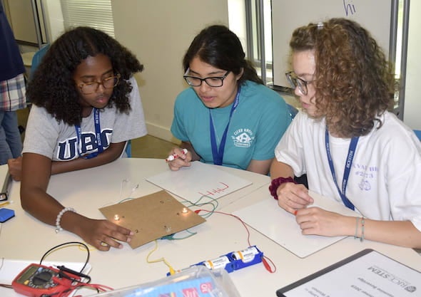 Students enjoy learning in Rice University’s version of the physics for girls program similar to those evaluated in a new study by STEM education professionals. The Rice study quantifies how high school girls benefit from a two-week summer physics camp before they begin formal study of the topic. Courtesy of the Office of STEM Engagement