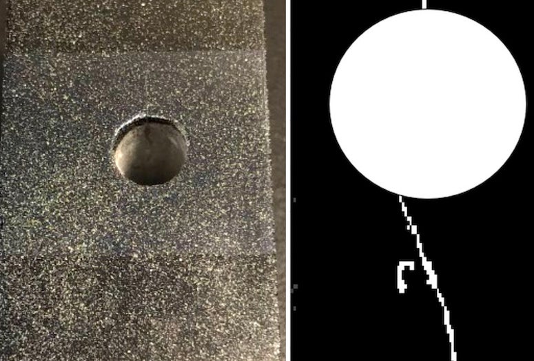 Small cracks in a stressed, painted cement block are barely visible under ambient lighting (left panel) but show up clearly in the near-infrared image at right. 