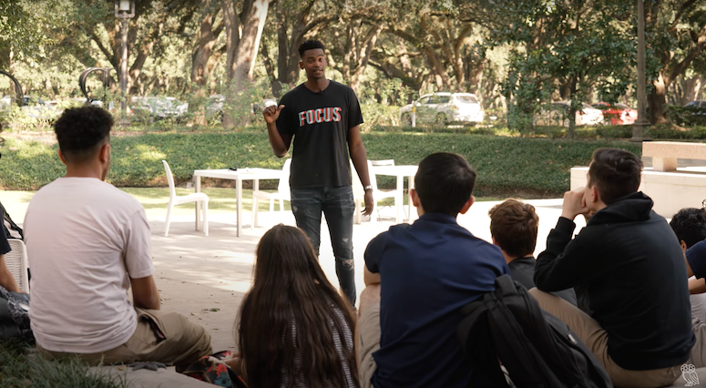 Tim Harrison '20 speaks during a FWIS course