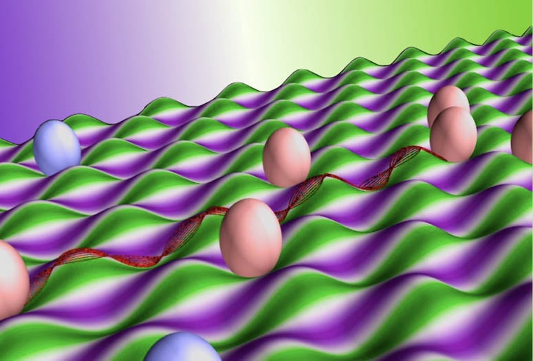A theory by Rice University researchers suggests growing graphene on a surface that undulates like an egg crate would stress it enough to create a minute electromagnetic field. The phenomenon could be useful for creating 2D electron optics or valleytronics devices. (Credit: Illustration by Henry Yu/Rice University)