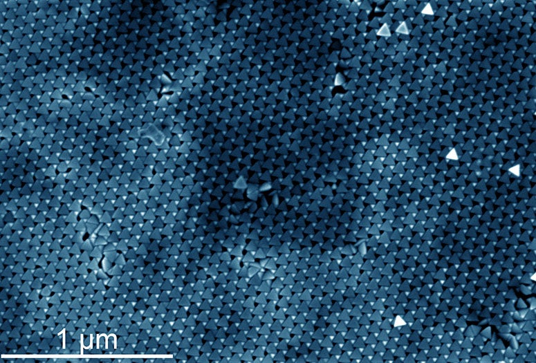 false-color SEM image of self-assembled 2D sheet of gold tetrahedral nanoparticles
