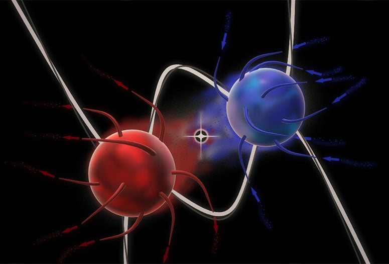 Artist's impression of the mutual annihilation of two topological quasiparticles