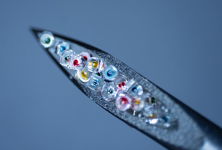 closeup image of tiny drug-release particles in he opening of a standard-sized hypodermic needle