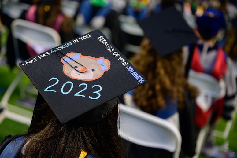 Rice Commencement 2023 graduating student with decorated cap