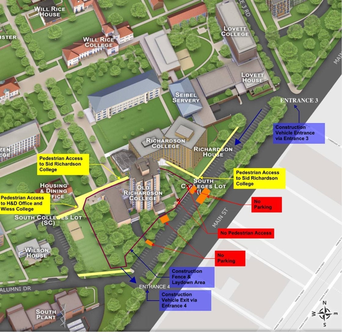 A map shows details of the upcoming demolition of Old Sid Richardson College on the Rice campus.