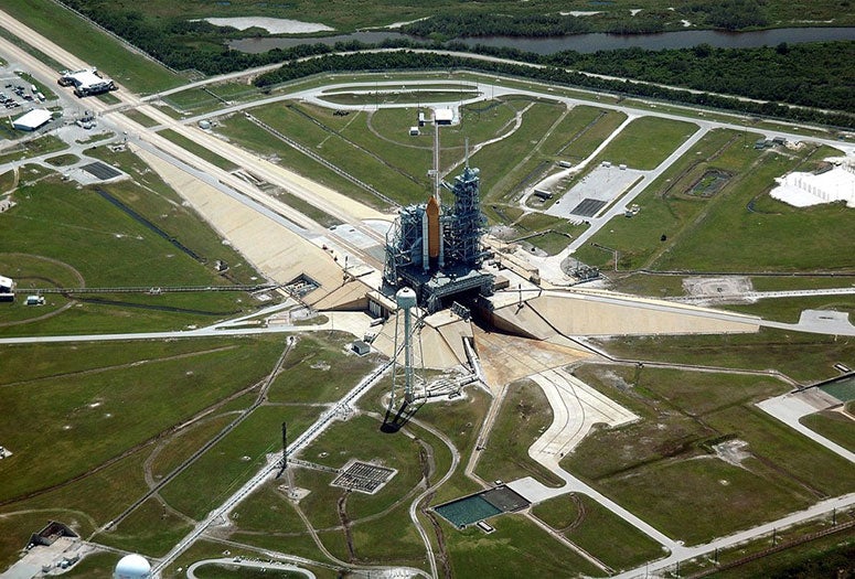 Space Shuttle on launchpad at Kennedy Space Center