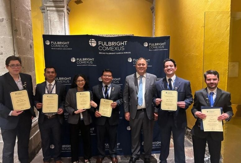Rafael Tinajero Ayala González Arce, José David Barrón Suárez, Julieta Nava Granados, Brandon García Perez, Seiichi Matsuda, Alan Salceda Monge and Eugenio Álvarez Pasquel pose for a photo at a Fulbright reception in Mexico in June. Fulbright recipient Alejandro Fuentes Beltrán is not pictured.