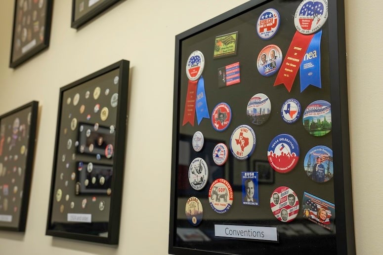 A vast collection of over 900 political campaign buttons was recently donated to the Baker Institute at Rice.