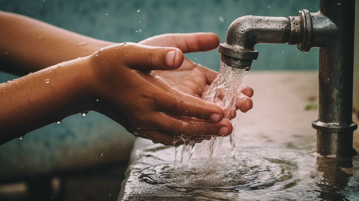 Clean water runs out of a faucet into a child's hands