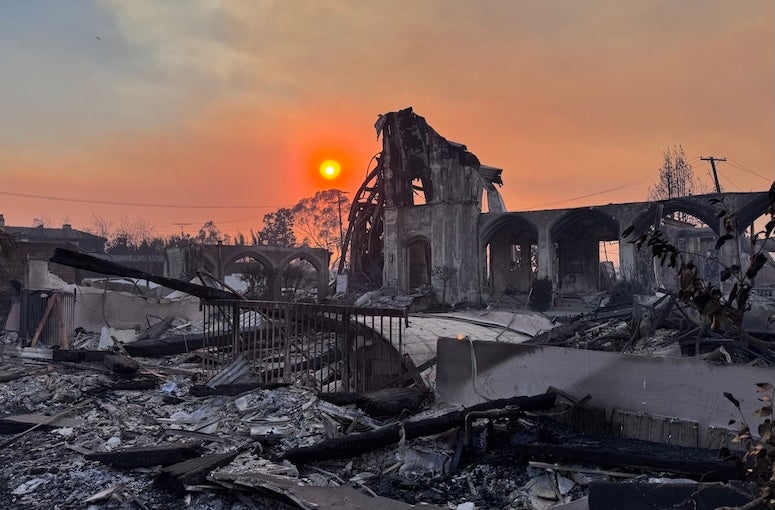 A church that burned down in the Los Angeles area due to the fires that have ravaged the area in 2025.