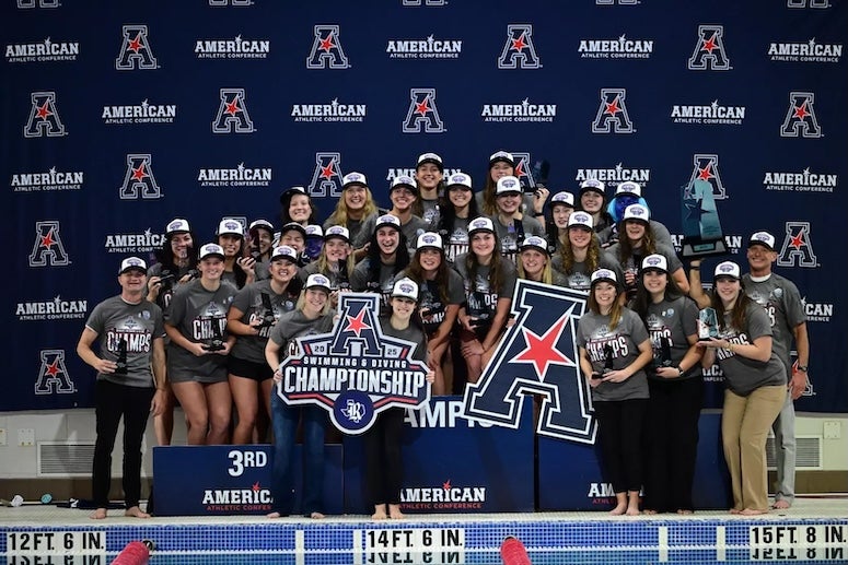 Rice women's swimming and diving team after winning the 2025 AAC championship