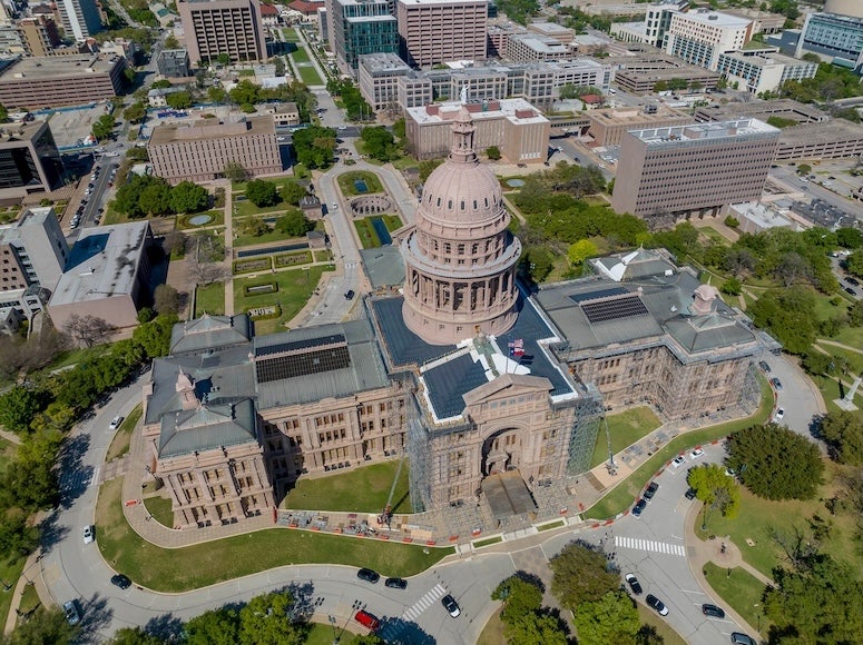 Aerial view of the Texas State Capitol Building In the city of Austin, Texas.