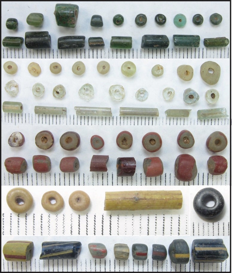 Archaeological glass beads excavated from Ile-Ife, Nigeria, where Abidemi Babalola’s research uncovered evidence of a sophisticated indigenous glassmaking industry predating the 15th century.