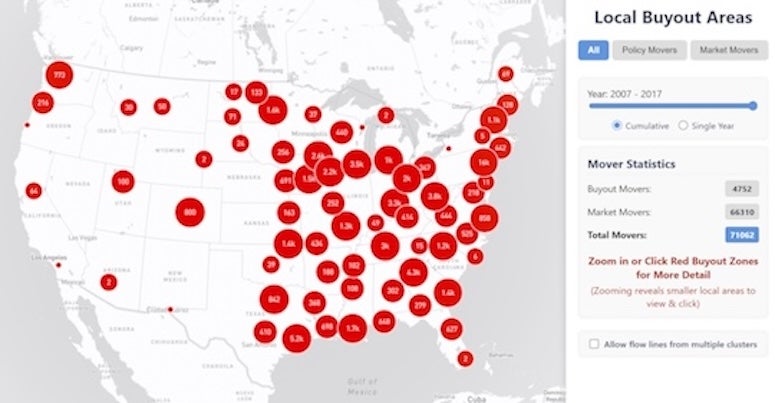 A U.S. map from Rice University’s FEMA buyout mapping tool shows clusters of buyouts and market moves between 2007 and 2017, revealing relocation patterns nationwide.
