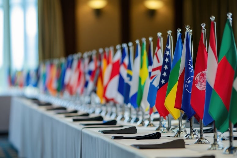 world flags on conference table