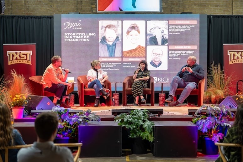 Cymene Howe and Dominic Boyer join filmmakers and media creators for the panel “Storytelling in a Time of Transition” at Texas House during SXSW.