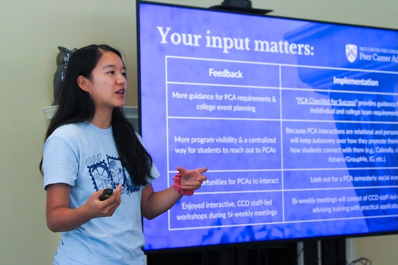 Annelie Han ’25 presents during a Peer Career Advisor program session at Rice’s Center for Career Development, where she helped lead training and support initiatives for fellow students.