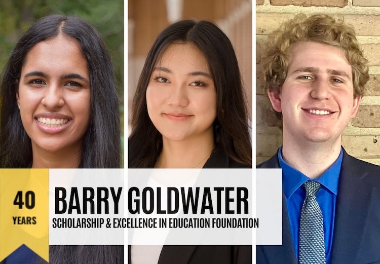 Three photos of students: two women and one man. "40 Years Barry Goldwater Scholarship" is written on the bottom left corner. 