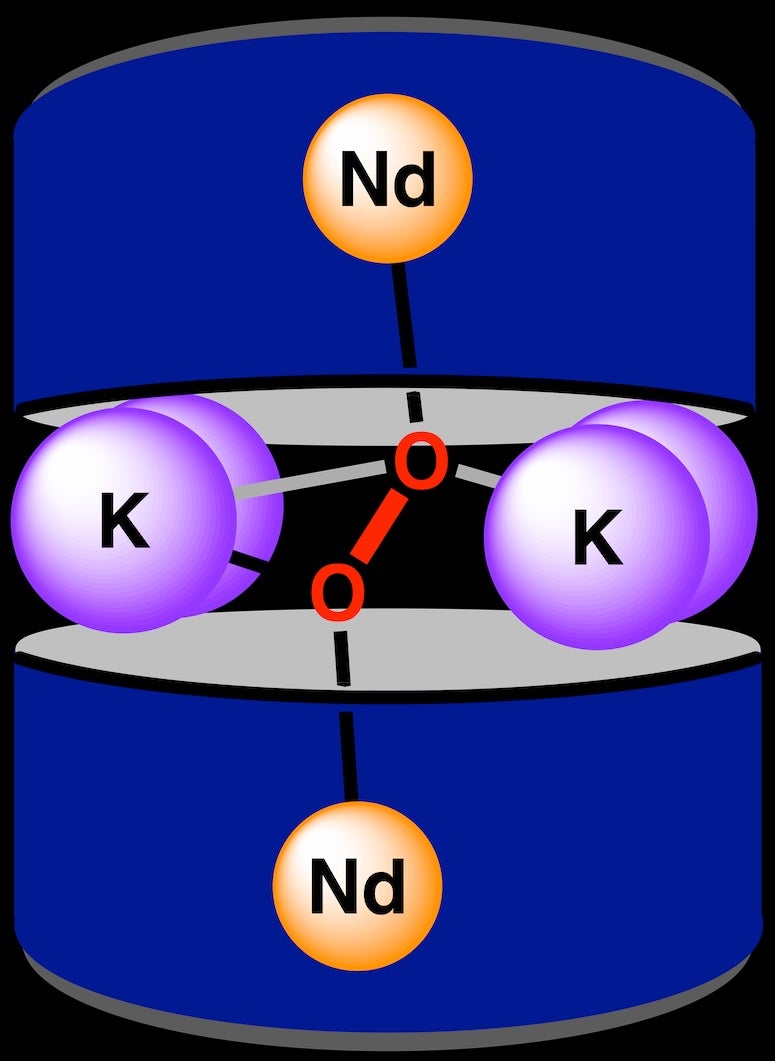 four potassium atoms and two oxygen atoms in between two ligands, each holding a lanthanide atom.