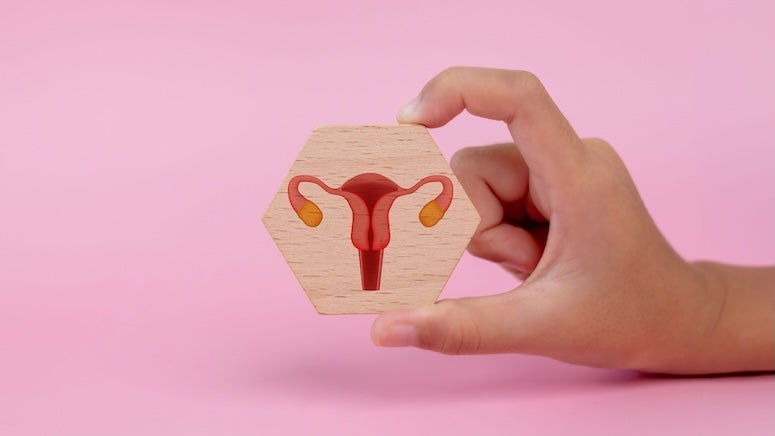 A white hand hold a hexagon tile on which is a picture of a uterus