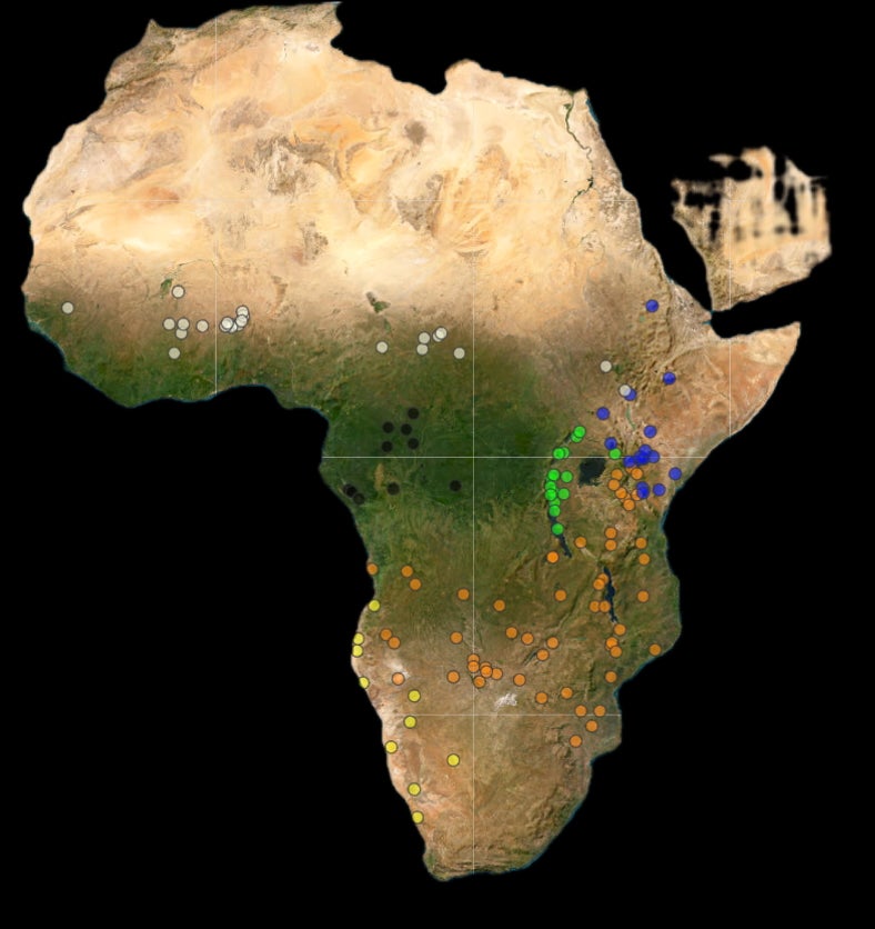 A map of Africa, with dots representing study sites spread over the bottom two-thirds of the continent