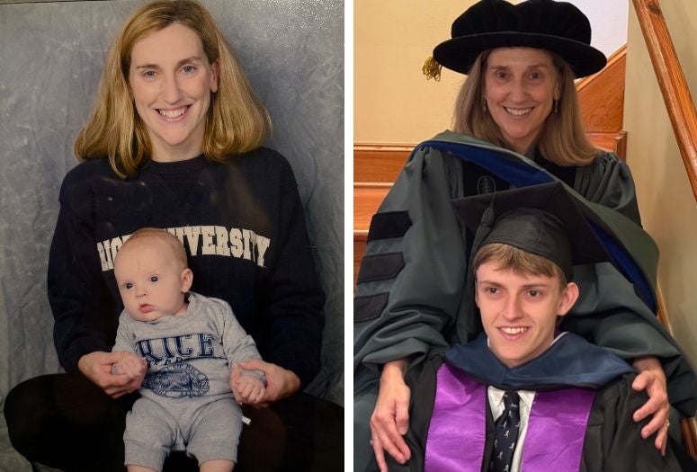 Mikki Hebl sits wirth her son Jacon as a baby in a Rice sweatshort side-by-side with a current phot of them sitting in the same position with the Rice commencement regalia on