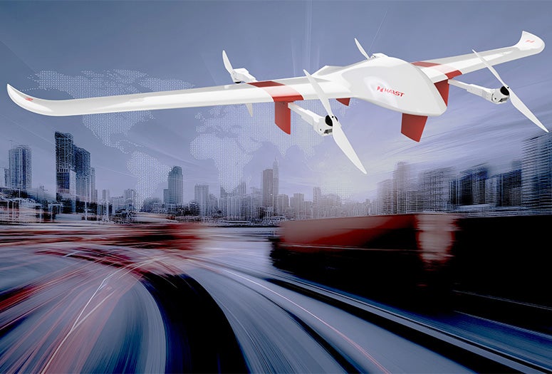 drone against urban backdrop with contour of the world map projected above the skyline