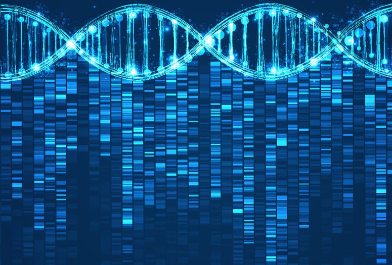 blue DNA strand with lines of differently colored tiny blocks streaming from it symbolizing data
