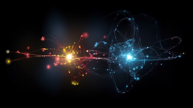 An AI-generated image showing a yellow atom reaching out to connect to a blue atom