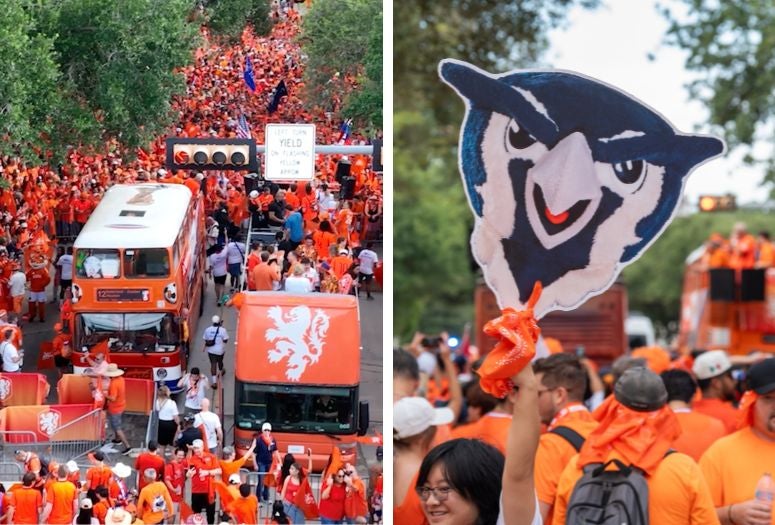 aeiral shots of thousands of Duth soccer fans around the double-decker bus; fans holding a Sammy the Owl cutout in the crowd