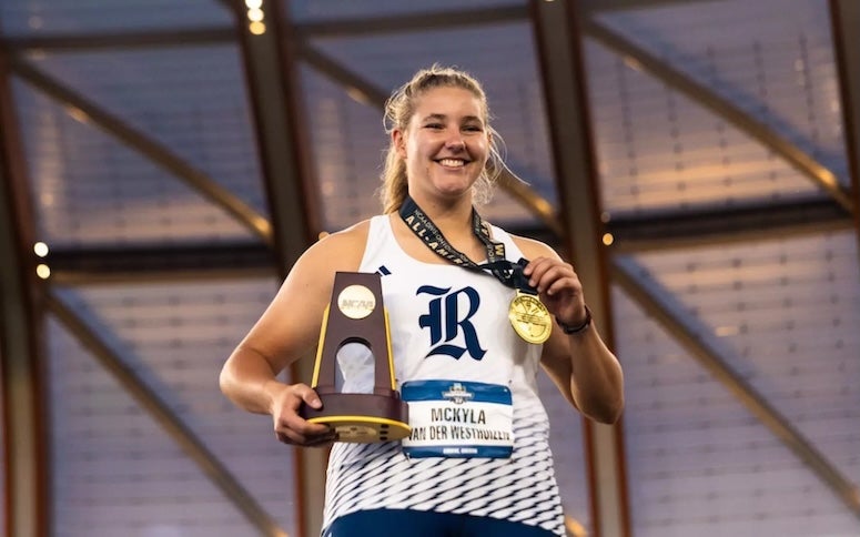Mckyla Van der Westhuizen jumped from third to first to be crowned a National Champion in the javelin, joining a list of all-time elite athletes for Rice women's track and field Thursday evening at the 2026 NCAA Outdoor Championships in Eugene, Oregon.