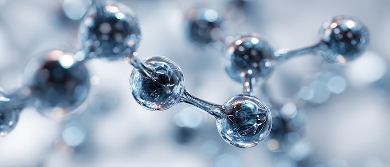 A molecule is rendered in silver. 