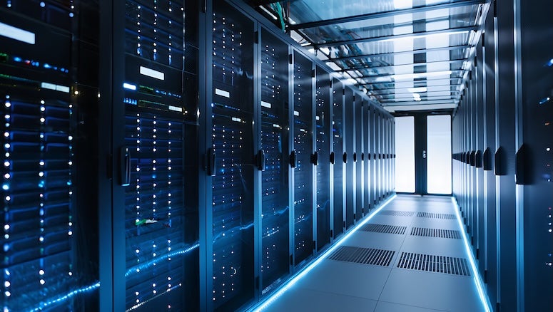Stock image of a data center server room. 