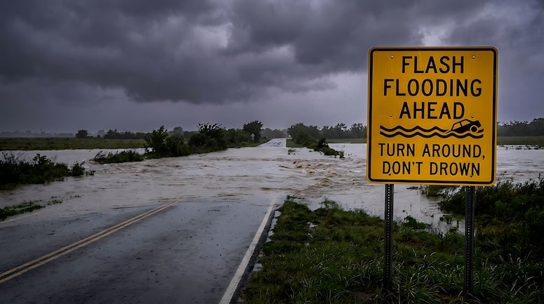 Stock image of flash flooding across a roadway