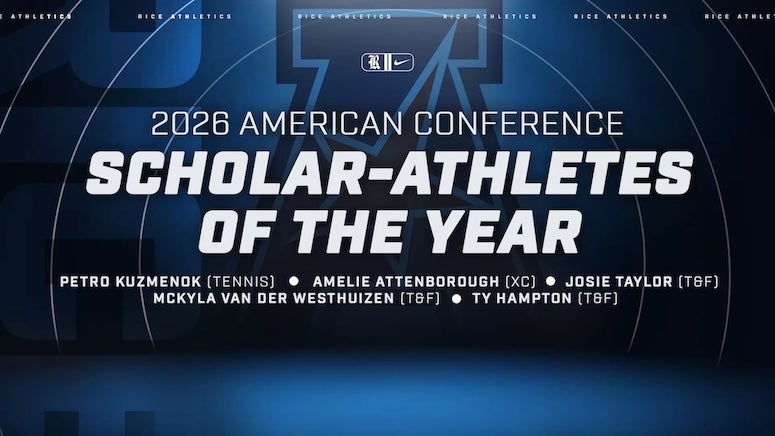 Rice Athletics had a conference-leading five student-athletes be named an American Conference Scholar Athlete of the Year for their respective sports, while Mckyla Van der Westhuizen was named the American Conference Female Scholar Athlete of the Year, the conference announced Thursday morning.