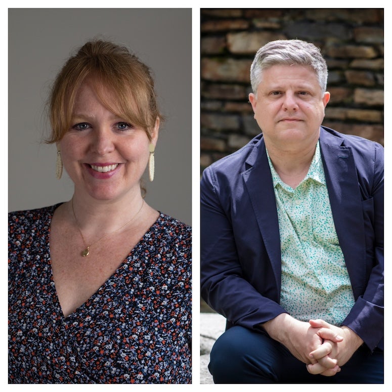 A headshot of a white woman and another of a white male