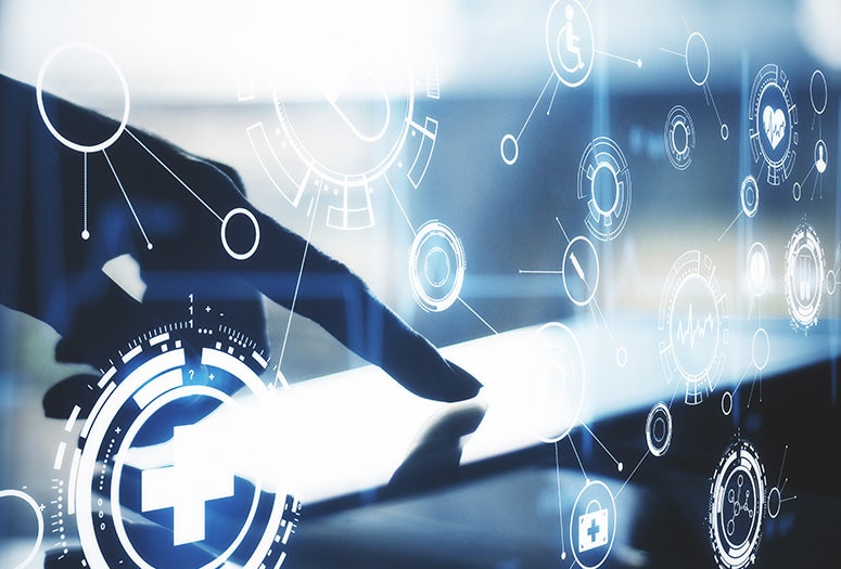 stock image showing an index finger manipulating digital screen
