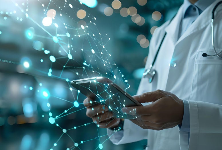 Doctor using a tablet with abstract digital connections, symbolizing modern healthcare technology and innovation. Ideal for medical tech, healthcare advancements, and digital health concepts.