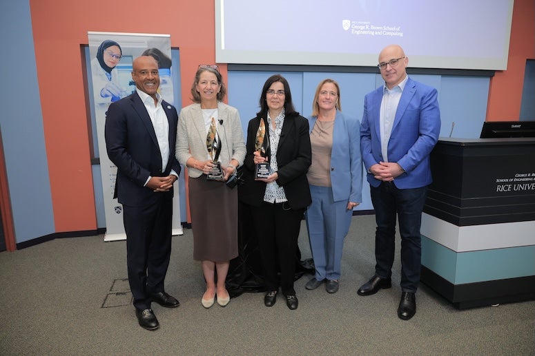 From left to right, Reginald DesRoches, Rebecca Richards-Kortum, Lydia Kavraki, Amy Dittmar and Luay Nakhleh. 