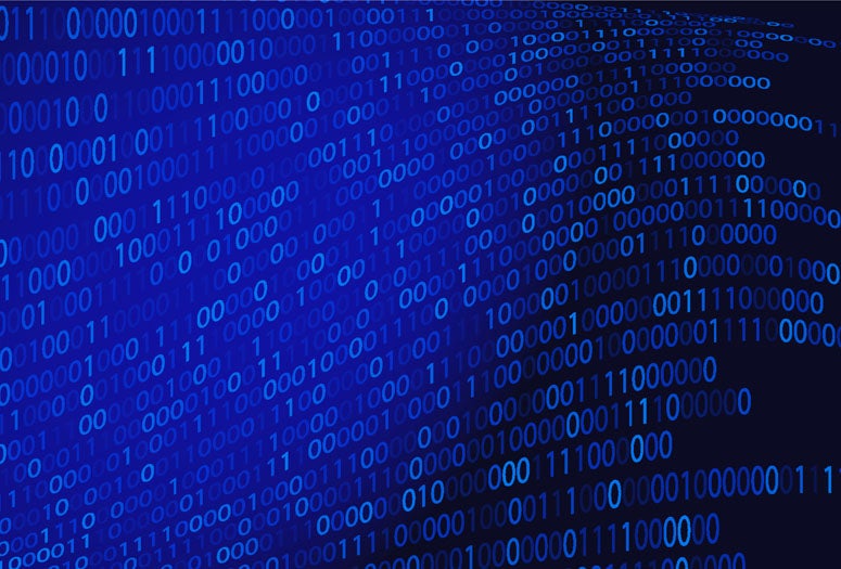 Abstract digital graphic with flowing rows of blue binary digits on a dark blue background.
