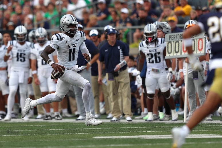 Rice quarterback Jacurri Brown runs the ball against Notre Dame Sept. 12, 2026.